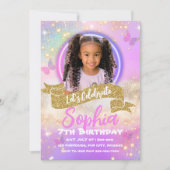 ピンクアンドパープルバタフライ子供の誕生日招待状 招待状 (正面)