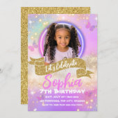 ピンクアンドパープルバタフライ子供の誕生日招待状 招待状 (正面/裏面)