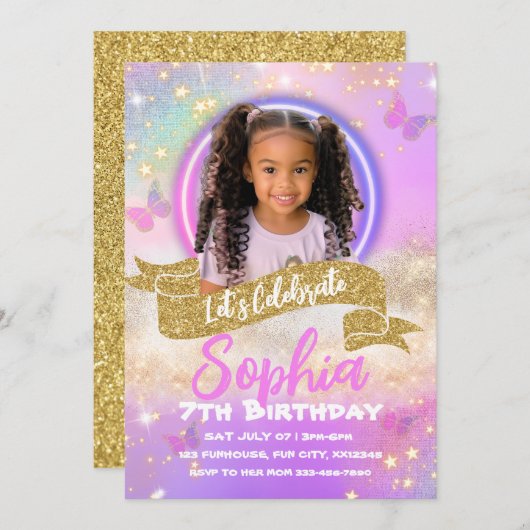 ピンクアンドパープルバタフライ子供の誕生日招待状 招待状 (正面/裏面)