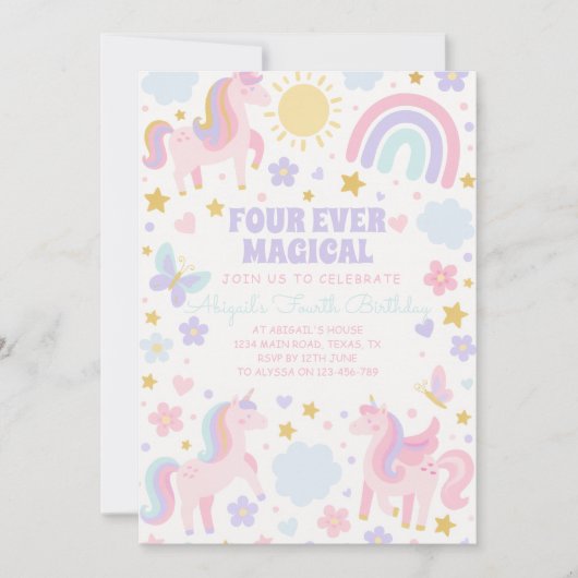 ピンクアンドパープルユニコーンレインボーパーティー招待状 招待状 (正面)