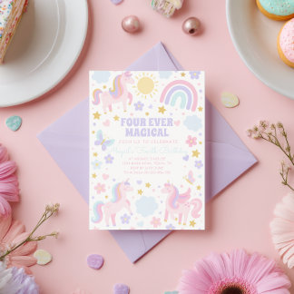 ピンクアンドパープルユニコーンレインボーパーティー招待状 招待状