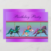ピンクアンドパープル回転木馬ポニーバースデーパーティー 招待状 (正面/裏面)
