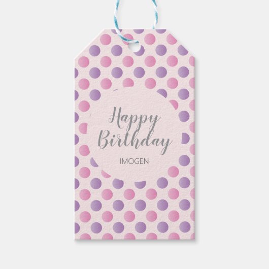 ピンクアンドパープル水玉模様ハッピーバースデー ギフトタグ (正面)