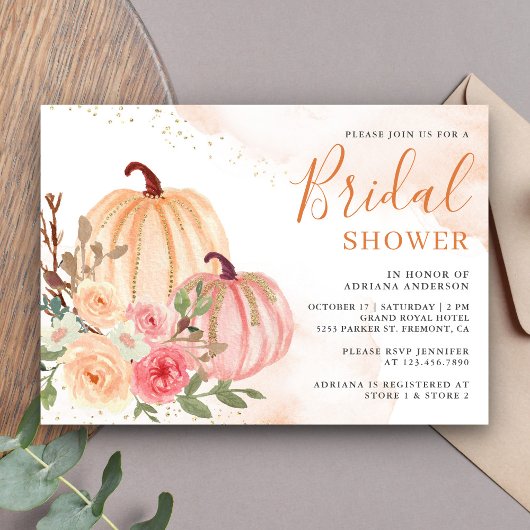 ピンクアンドピーチパンプキンフローラ秋ブライダルシャワー 招待状