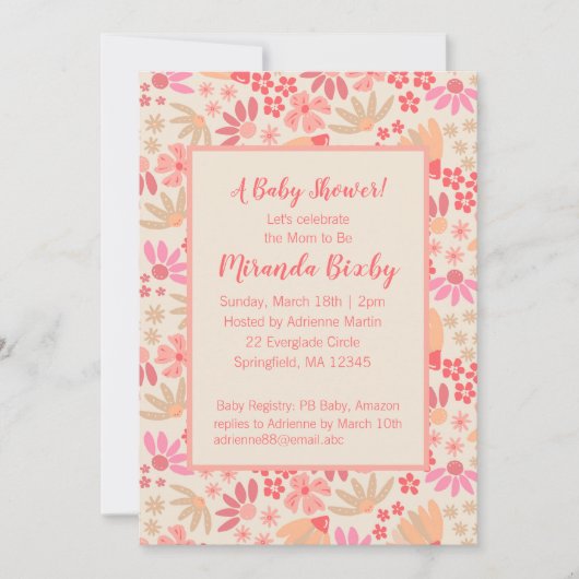 ピンクアンドピーチフローラベビーシャワー招待状 招待状 (正面)