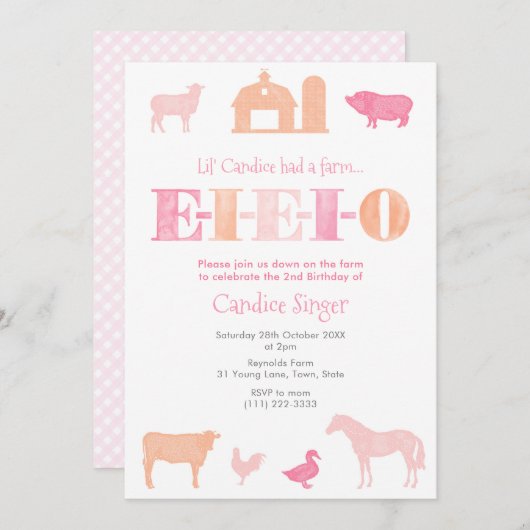 ピンクアンドピーチEIEIOファームバースデーパーティーfor Girl 招待状 (正面/裏面)