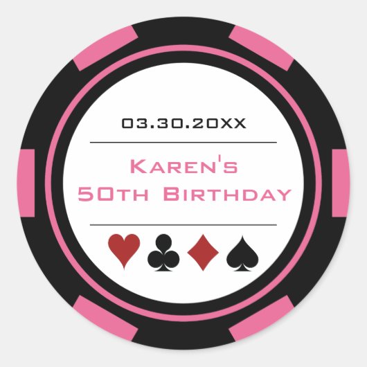 ピンクアンドブラックカジノトランプのポーカーチップ誕生日 ラウンドシール (正面)