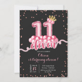 ピンクアンドブラッククラウンバルーンイレブン誕生日 招待状 (正面)