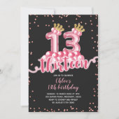 ピンクアンドブラッククラウンバルーン十三誕生日 招待状 (正面)