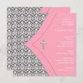 ピンクアンドブラックダマスクガールバプテスマ《キリスト教》洗礼式や命名式 招待状 (正面/裏面)