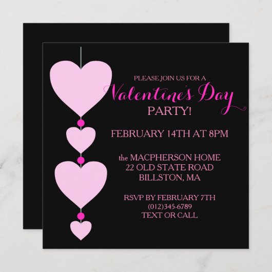 ピンクアンドブラックハートバレンタインパーティの招待状 招待状 (正面/裏面)