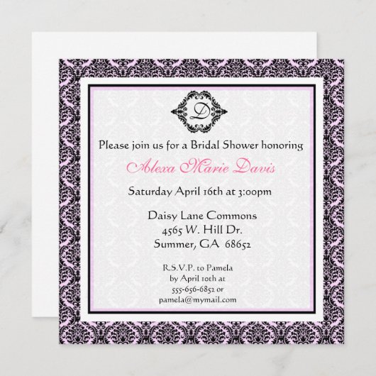 ピンクアンドブラックブライダルシャワーダマスク招待状 招待状 (正面/裏面)