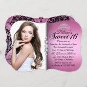 ピンクアンドブラックプリンセスティアラスウィート16誕生日 招待状 (正面/裏面)
