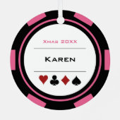 ピンクアンドブラックラスベガストランプのポーカーチップクリスマス メタルオーナメント (裏面)