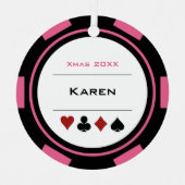 ピンクアンドブラックラスベガストランプのポーカーチップクリスマス メタルオーナメント (正面)
