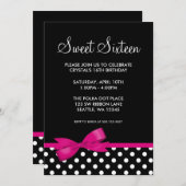 ピンクアンドブラック水玉模様ズボウスイート16誕生日 招待状 (正面/裏面)