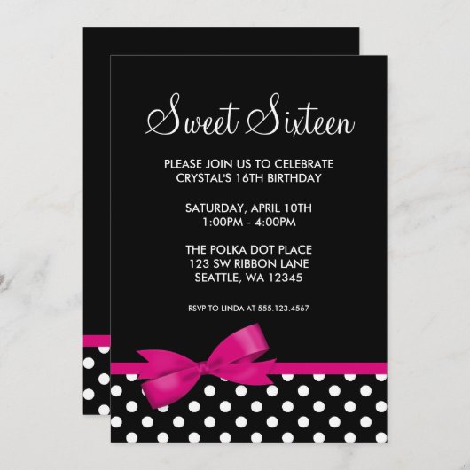 ピンクアンドブラック水玉模様ズボウスイート16誕生日 招待状 (正面/裏面)