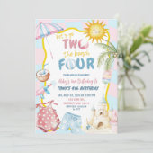 ピンクアンドブルーグルーヴィパステル兄弟姉妹ビーチ誕生日 招待状 (スタンド正面)