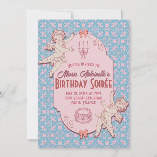 ピンクアンドブルーチェルブロココエステティックパーティー 招待状 (正面)