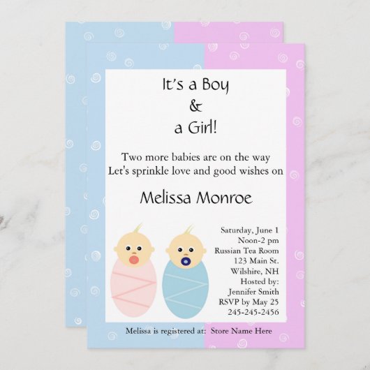 ピンクアンドブルーツインズスプリンクルシャワー招待状 招待状 (正面/裏面)