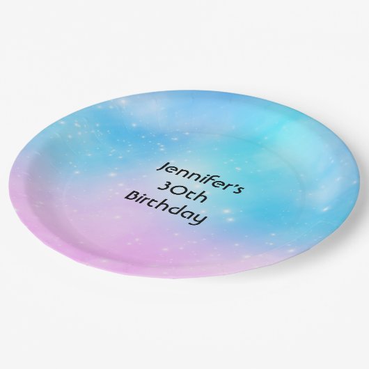 ピンクアンドブルーパステルグラデーションスカイ誕生日 ペーパープレート (アングル)