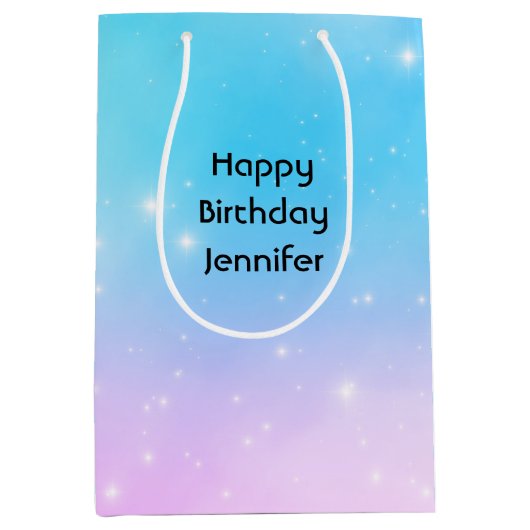 ピンクアンドブルーパステルグラデーションスカイ誕生日 ミディアムペーパーバッグ (正面)