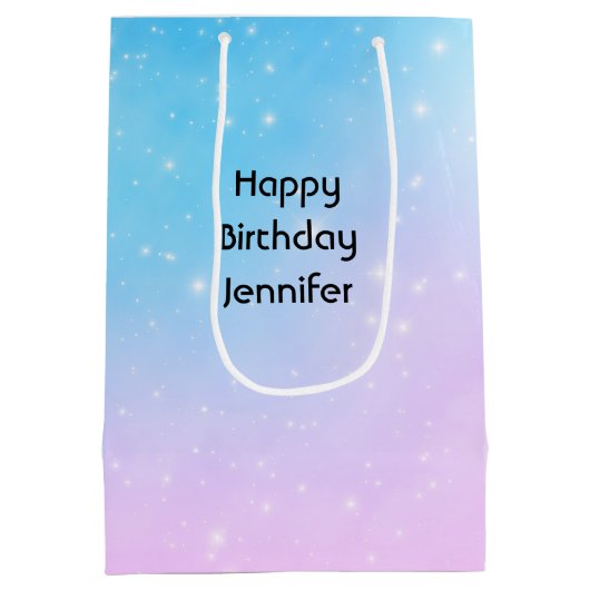 ピンクアンドブルーパステルグラデーションスカイ誕生日 ミディアムペーパーバッグ (裏面)