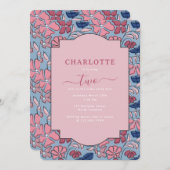 ピンクアンドブルーフローラブロックプリントガール誕生日 招待状 (正面/裏面)