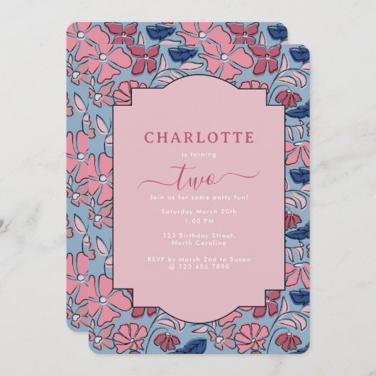 ピンクアンドブルーフローラブロックプリントガール誕生日 招待状 (正面/裏面)