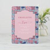 ピンクアンドブルーフローラブロックプリントガール誕生日 招待状 (スタンド正面)