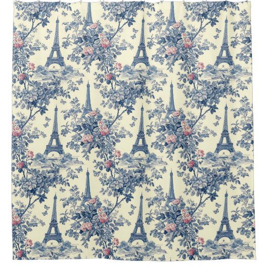 ピンクアンドブルー名門私立校風のパリジャンエッフェルタワートワール シャワーカーテン (正面)