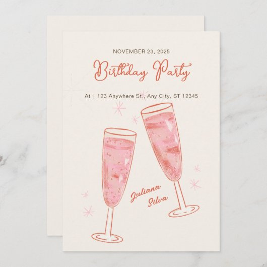 ピンクアンドベージュシンプルクリエイティブハッピーバースデー 招待状 (正面/裏面)