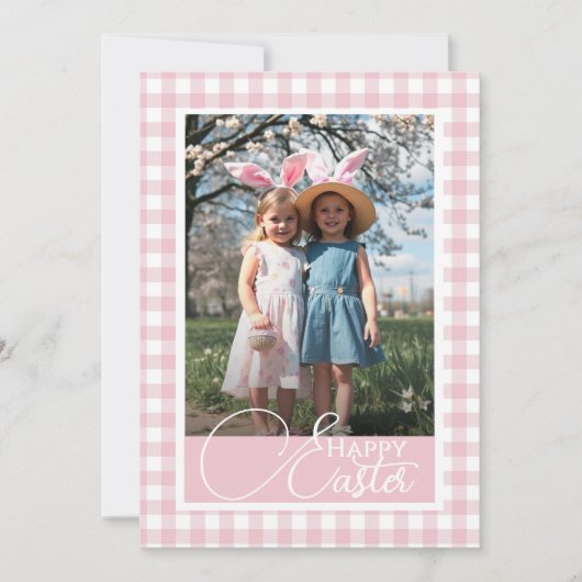 ピンクアンドホワイトギンガムハッピーイースターカスタム写真 シーズンカード (正面)