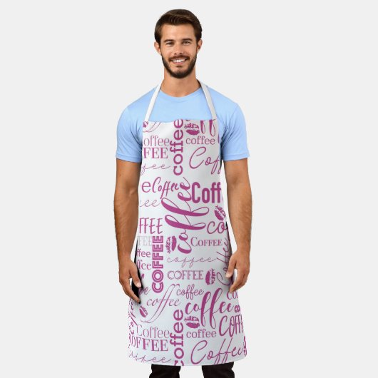 ピンクアンドホワイトタイポグラフィコーヒーデザイン エプロン (着用した状態)
