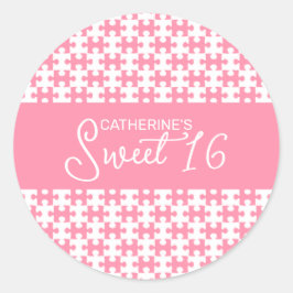 ピンクアンドホワイトパズル市松模様にスイーツ16 ラウンドシール