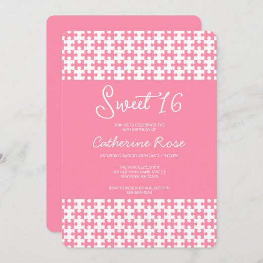 ピンクアンドホワイトパズル市松模様にスイーツ16 招待状 (正面/裏面)