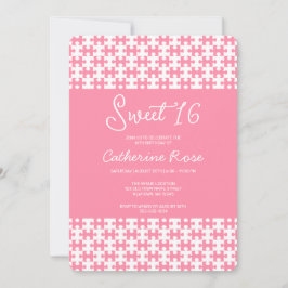 ピンクアンドホワイトパズル市松模様にスイーツ16 招待状