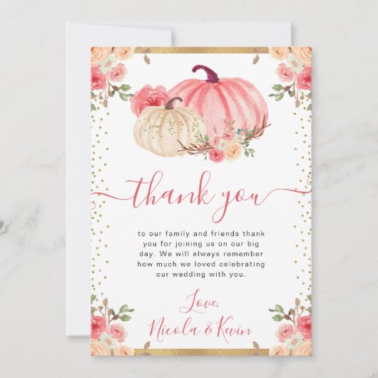 ピンクアンドホワイトフローラカボチャ秋の結婚式 サンキューカード (正面)