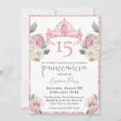 ピンクアンドホワイトローズグリッターティアラキンセアニラ 招待状 (正面)