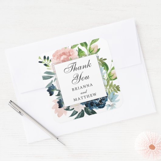 ピンクアンドミッドナイトブルーフローラ結婚式の引き出物 スクエアシール (封筒)