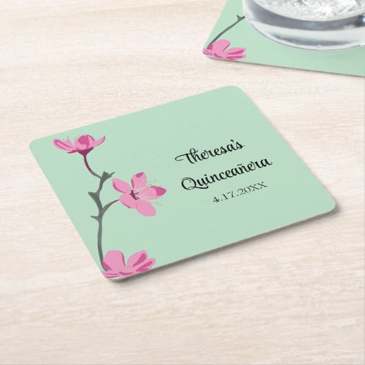 ピンクアンドミントグリーンさくらんぼブロッサムキンセアニェラ スクエアペーパーコースター (アングル)