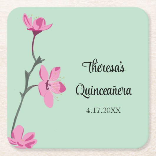 ピンクアンドミントグリーンさくらんぼブロッサムキンセアニェラ スクエアペーパーコースター (正面)