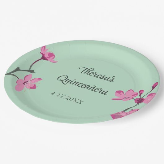 ピンクアンドミントグリーンさくらんぼブロッサムキンセアニェラ ペーパープレート (アングル)