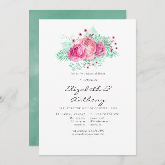 ピンクアンドミントフローラリハーサルディナー 招待状 (正面/裏面)