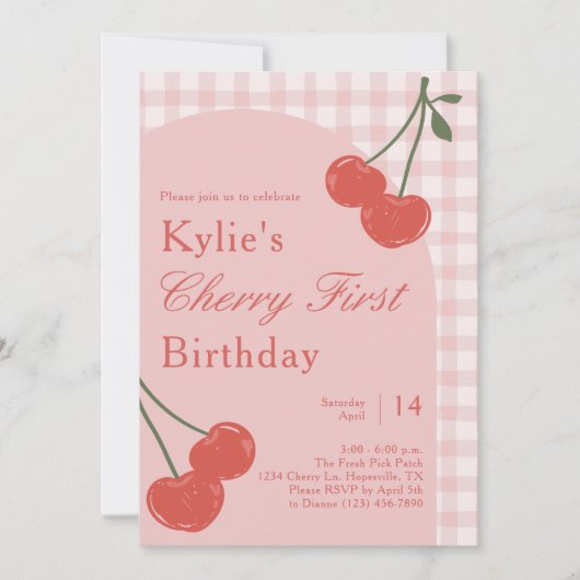 ピンクアンドレッドガールさくらんぼファースト誕生日 招待状 (正面)