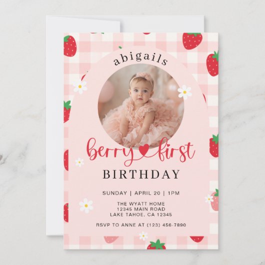 ピンクアンドレッドベリーファースト誕生日招待状 招待状 (正面)