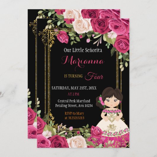 ピンクアンドレッドメキシコフローラガールフィエスタ誕生日 招待状 (正面/裏面)