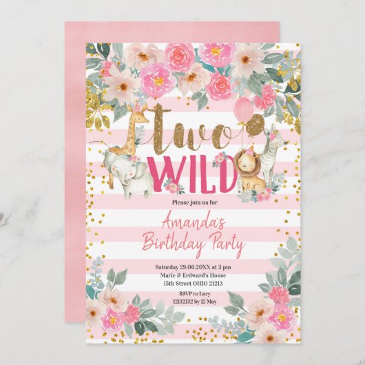 ピンクアンド金ゴールドガールツーワイルド誕生日 招待状 (正面/裏面)