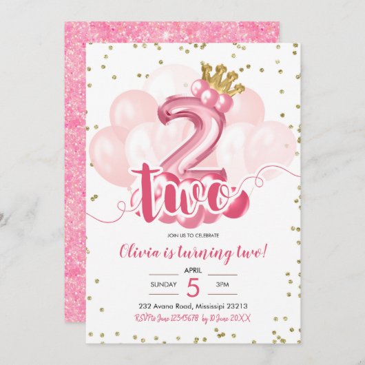 ピンクアンド金ゴールドクラウンバルーンセカンド誕生日 招待状 (正面/裏面)