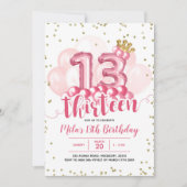 ピンクアンド金ゴールドクラウンバルーン十三誕生日インヴィ 招待状 (正面)